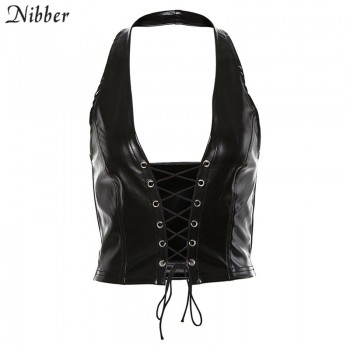 Nibber Sexy Punk Y2K Black Leather Crop Top Womens Hollow Backless 